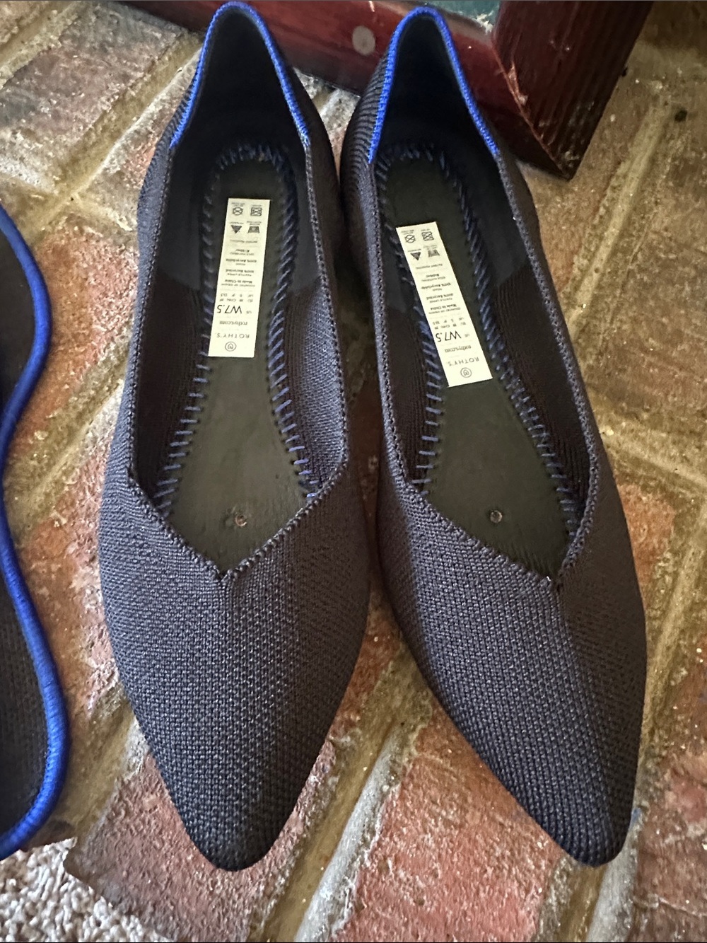Rothy's Black Pointed Knit Flats with Blue Trim - Picture 7 of 7